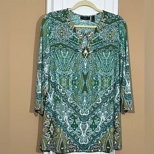 Susan Graver Liquid Knit printed tunic.  Shades of green with white throughout.
